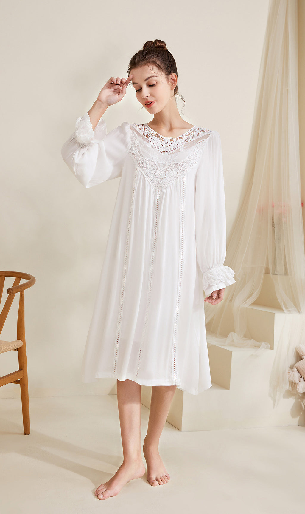 Romantic Lace Nightdress Women French Style Fairy Sleep Lace Dress Elegant Long Sleeve Cotton Nightgown Victorian Loungewear