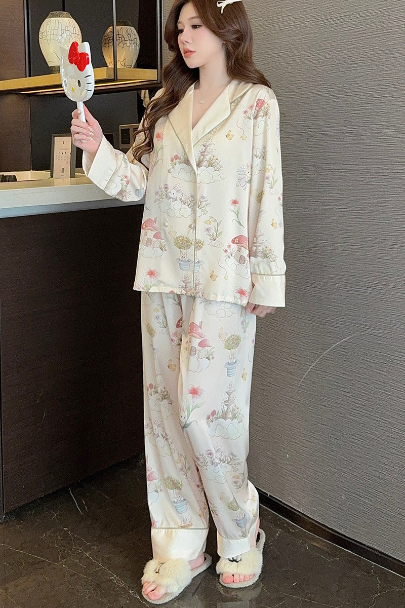 Silk Satin Female Pajamas Sleepwear 2PCS Set Fashion Print Flower Home Clothes Trouser Suits Spring New Loose Casual Nightwear