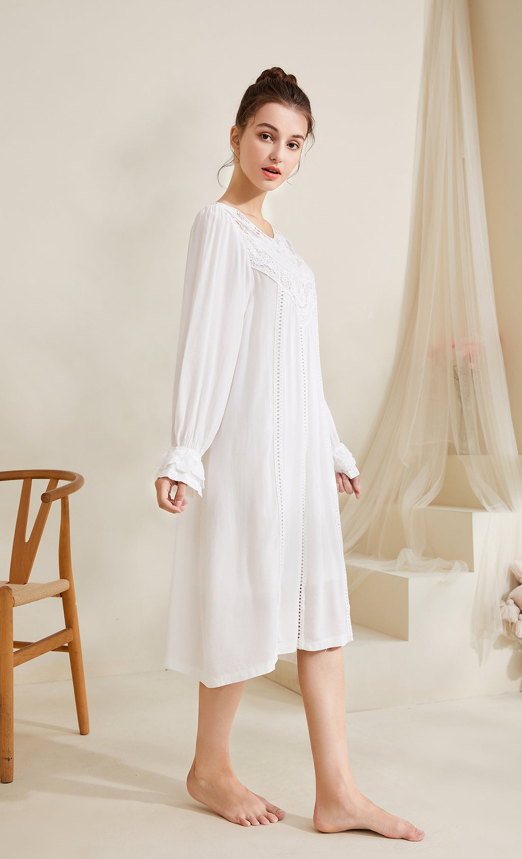 Romantic Lace Nightdress Women French Style Fairy Sleep Lace Dress Elegant Long Sleeve Cotton Nightgown Victorian Loungewear