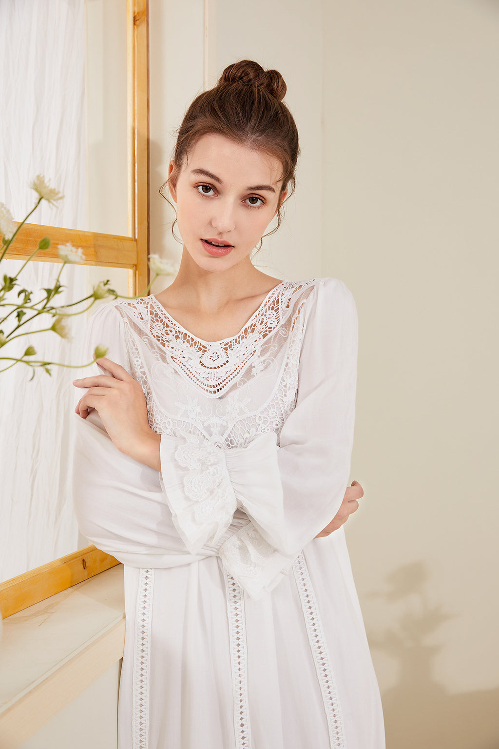 Romantic Lace Nightdress Women French Style Fairy Sleep Lace Dress Elegant Long Sleeve Cotton Nightgown Victorian Loungewear