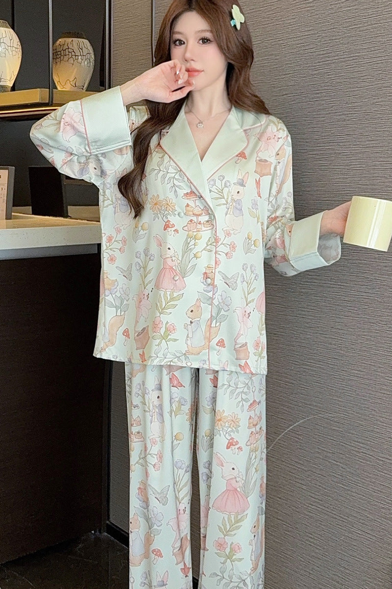 Silk Satin Female Pajamas Sleepwear 2PCS Set Fashion Print Flower Home Clothes Trouser Suits Spring New Loose Casual Nightwear