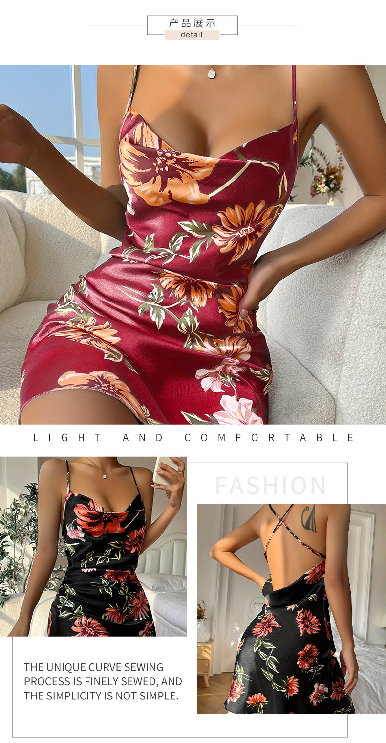 Sexy Sleeveless Nightgown Print Flower Lingerie Underwear Ice Silk Home Dress Women Chemise Sleepwear Nightshirt Nightwear