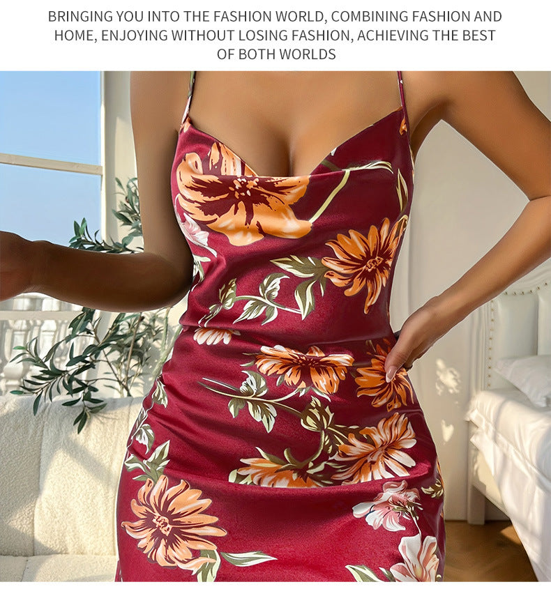 Sexy Sleeveless Nightgown Print Flower Lingerie Underwear Ice Silk Home Dress Women Chemise Sleepwear Nightshirt Nightwear