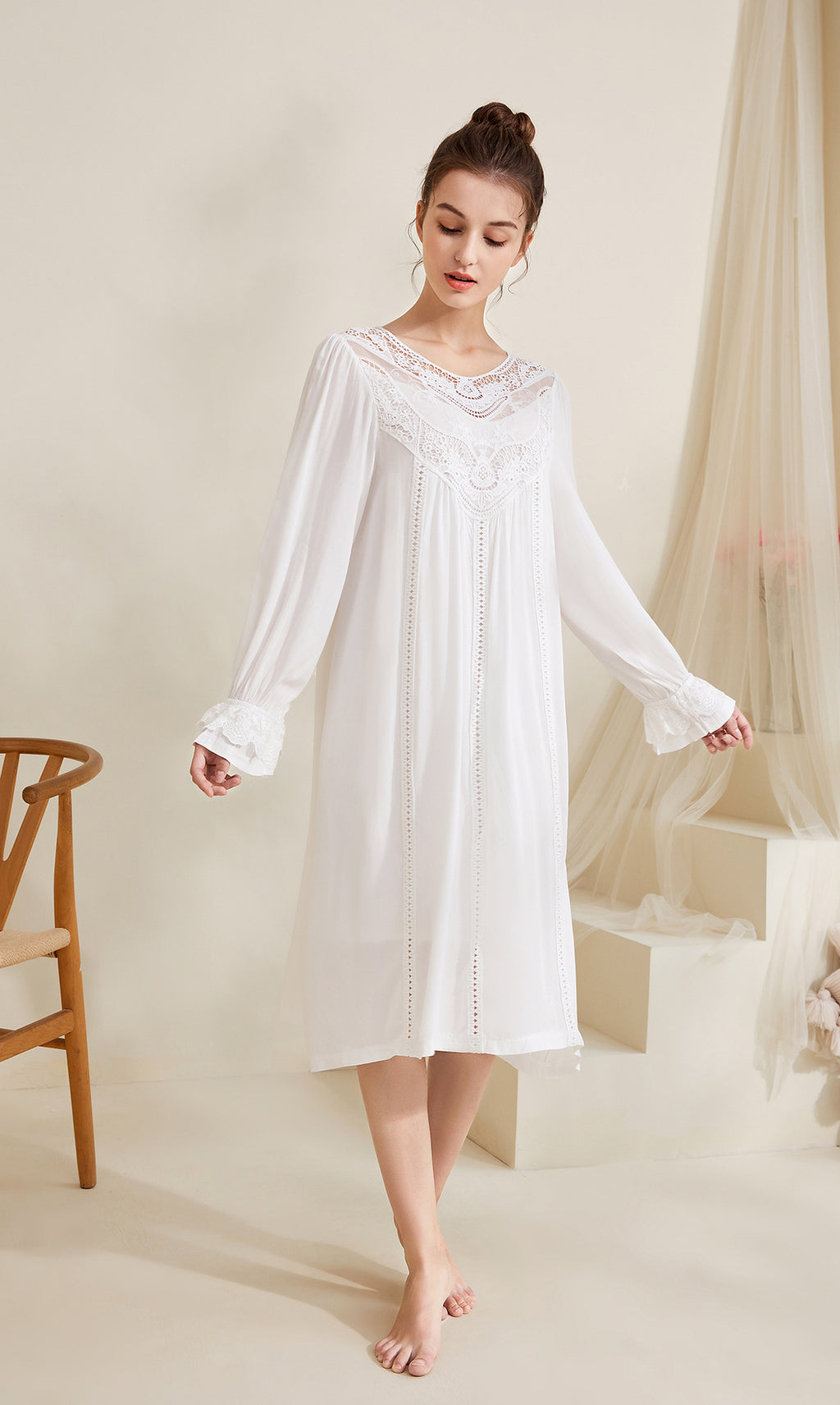 Romantic Lace Nightdress Women French Style Fairy Sleep Lace Dress Elegant Long Sleeve Cotton Nightgown Victorian Loungewear