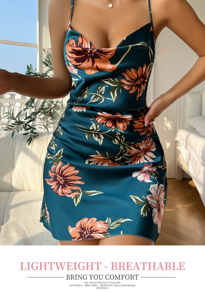 Sexy Sleeveless Nightgown Print Flower Lingerie Underwear Ice Silk Home Dress Women Chemise Sleepwear Nightshirt Nightwear