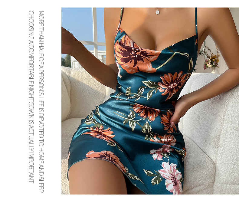 Sexy Sleeveless Nightgown Print Flower Lingerie Underwear Ice Silk Home Dress Women Chemise Sleepwear Nightshirt Nightwear