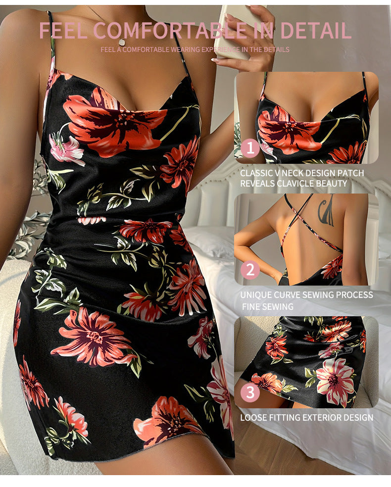 Sexy Sleeveless Nightgown Print Flower Lingerie Underwear Ice Silk Home Dress Women Chemise Sleepwear Nightshirt Nightwear