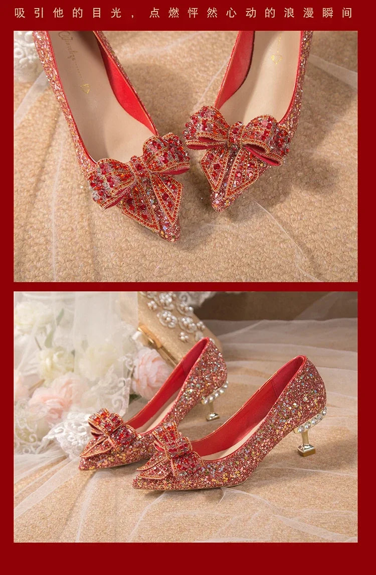 New  Women's Rhinestone Wedding Shoes Year Shoes Luxury Buckle Decorative Banquet Women's Shoes High Heels Gold Silver Red