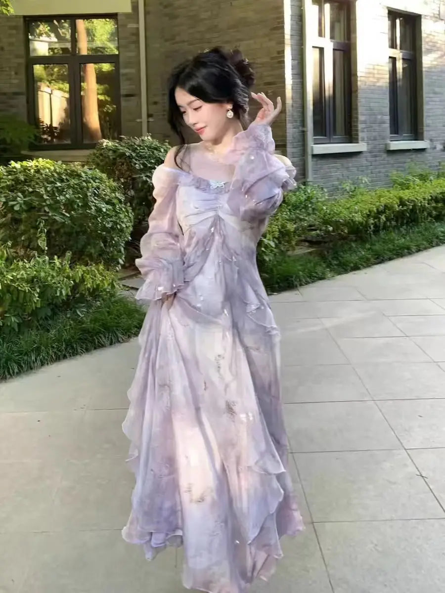 Summer Elegant Print Fairy Long Chiffon Dresses Women Off Shoulder Ruffles A-Line Birthday Party Dress One Piece Vestidos New