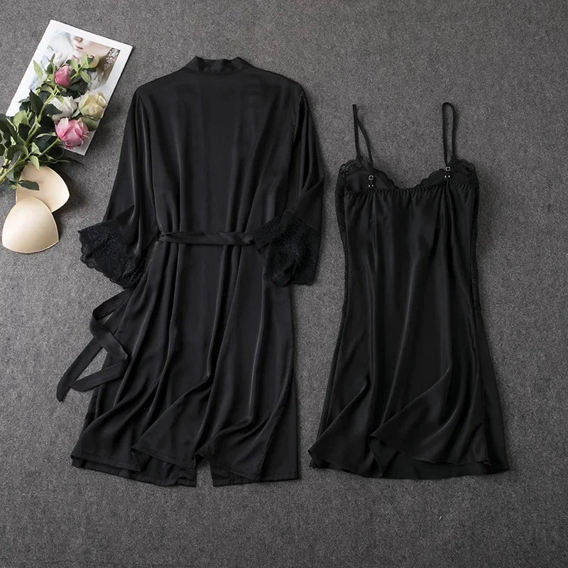 2PCS Pajamas Set White Women V-Neck Sleepwear M-XL Lace Kimono Sexy Nightshirts Flower Nightwear Robe Gown Sleep Suit Nightgown