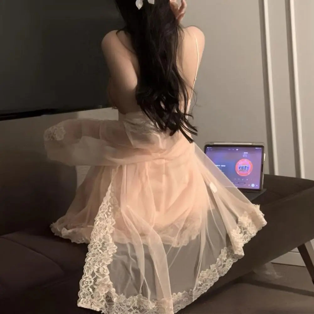 Lace Bowknot Women's Pajama Dress Flower Ruffle Suspender Nightdress Sleeveless Sleepwear Sling Nightgown with Pads Summer