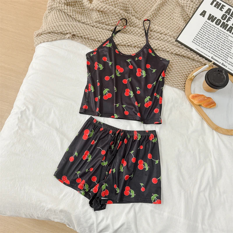 Summer Elegant Floral Print Sleepwear Women Sexy Ultra-Thin Vest and Shorts Comfortable Loungewear Breathable Nightwear HomeWear