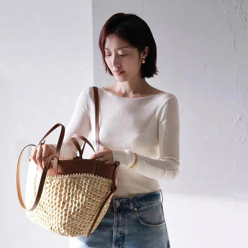French Hand-woven Women's Tote Bag Large Vegetable Basket Bag With Casual Shopping Woven Inside Bag Shoulder Underarm Tote Bag