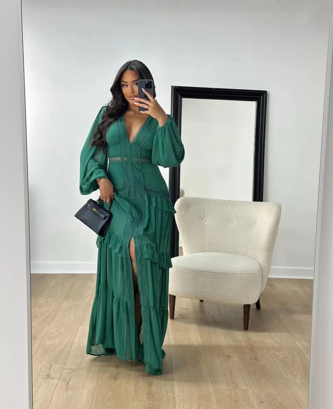 Elegant Womens Maxi Dress Ruffles Long Sleeve Hollow Out Evening Dresses Party Chic Robe Green Blue Purple New In Holiday Summer