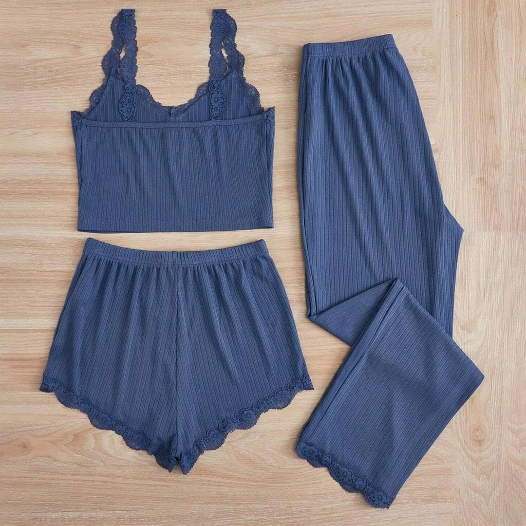New 2025 Women's Summer 3PCS Pajama Sets Solid Vest Shorts and Pants Paired with Lace Splicing for Homewear Sexy Sleepwear Sets