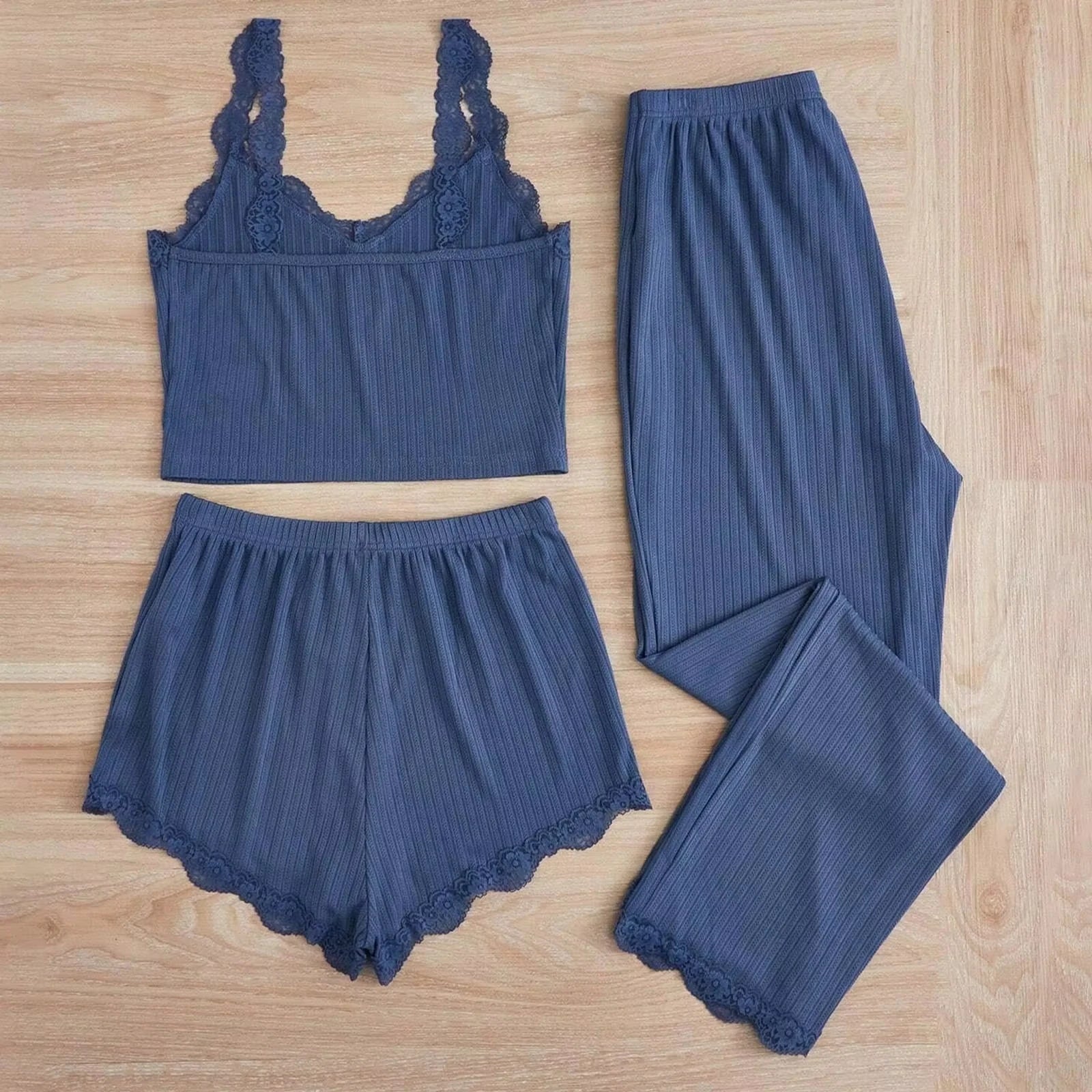 New 2025 Women's Summer 3PCS Pajama Sets Solid Vest Shorts and Pants Paired with Lace Splicing for Homewear Sexy Sleepwear Sets
