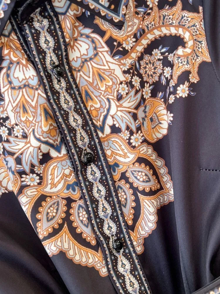 Elegant Vintage Court Style Long Sleeve Collared Slim Fit Print Shirt Dress Knitted Fabric Midi Skirt Length Button Detail