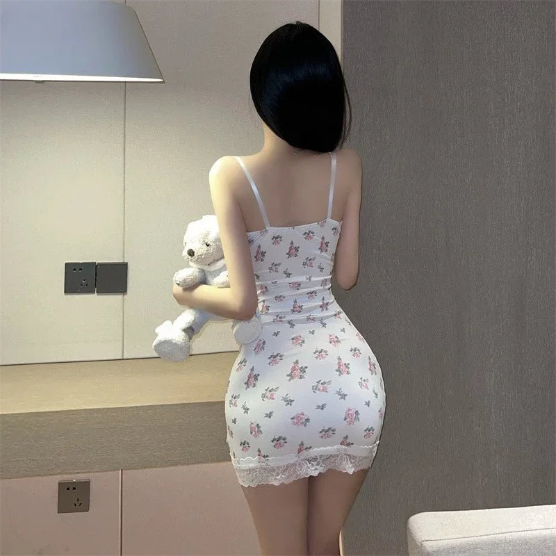 Sexy Floral Nightgowns Women Lace Patchwork Korean Romantic Sleepwear Spaghetti Strap Y2k Bodycon Comfortable Trendy Daily Ins