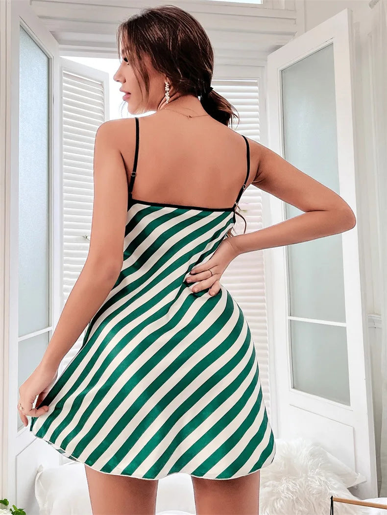 Sexy V-Neck Nightdress Print Flower Suspender Nightgown Summer New Female Sleepwear Bathrobe Gown Silk Satin Home Dressing Gown