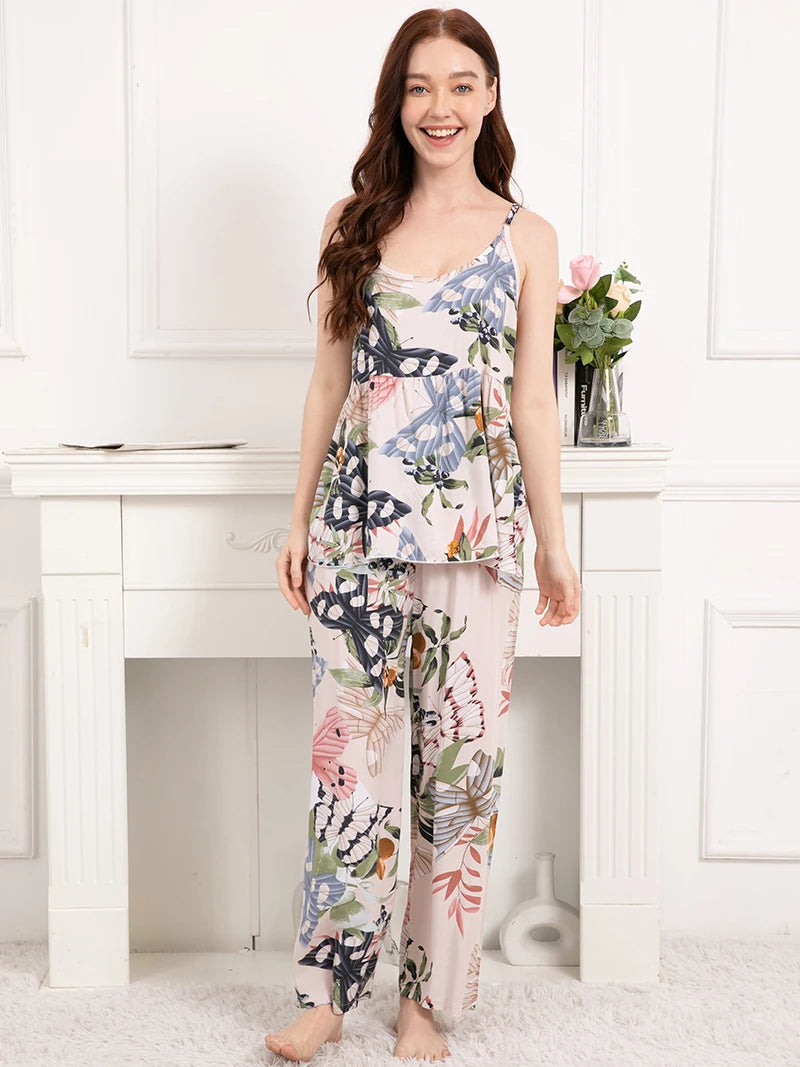 Plus Size S-XXXL  Floral Printed Women Sleepwear Ladies Loose Thin Homewear 2pcs Cami Pants Pajamas Set  Nightwear