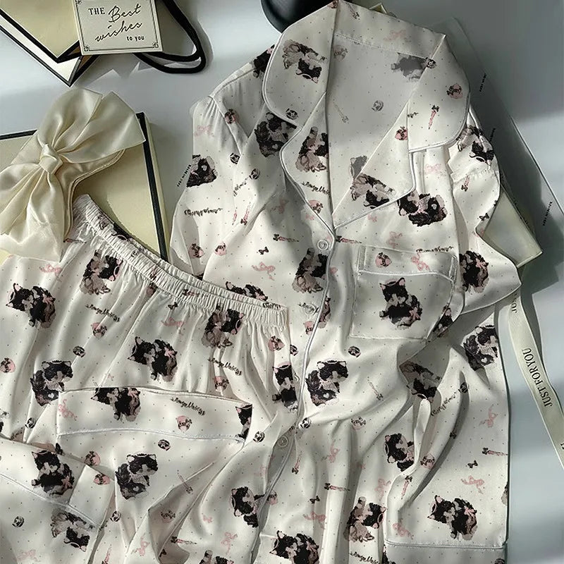 Women's Pajamas Set Fun Cute Print Sleepwear Button Lapel Neck Pajama 2 Piece Suit Pyjama Femme Nightwear Loungewear for Summer
