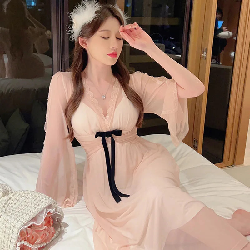 Spring Nightdress Women  Lace Sweet Nightgown Home Dress Pajamas Summer Girl Princess Style Soft Sleepwear Nightwear Outwear