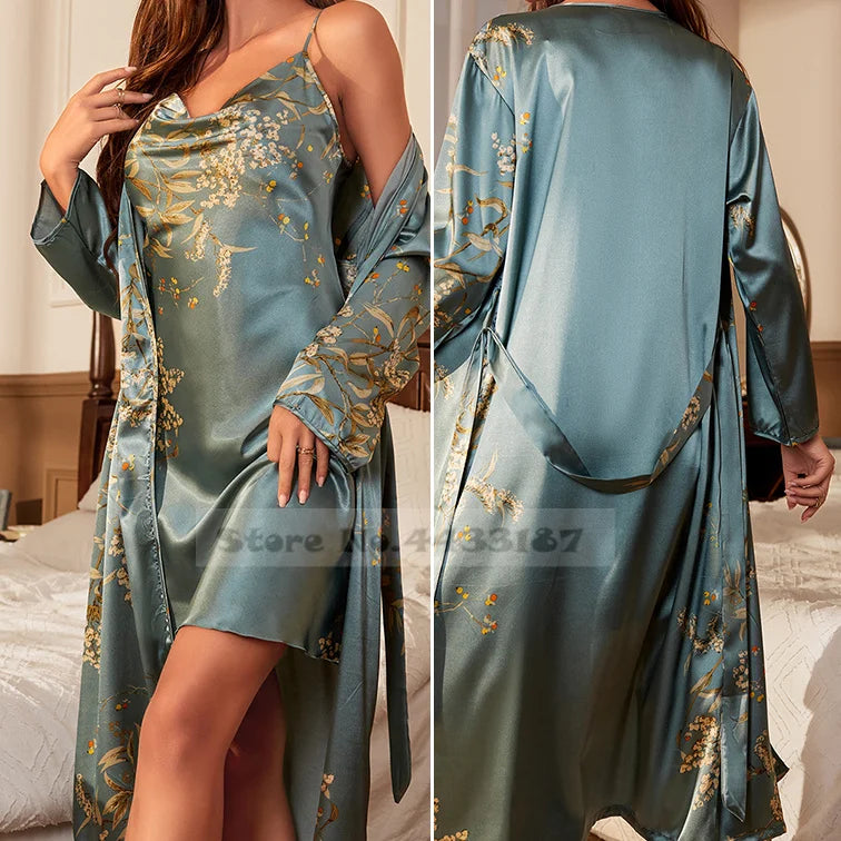 Oversize Pijama Mujer Print Flower 4Pcs Robe Pajama Set Loungewear Summer New Ice Silk Kimono Bathrobe Gown Loose Women Homewear