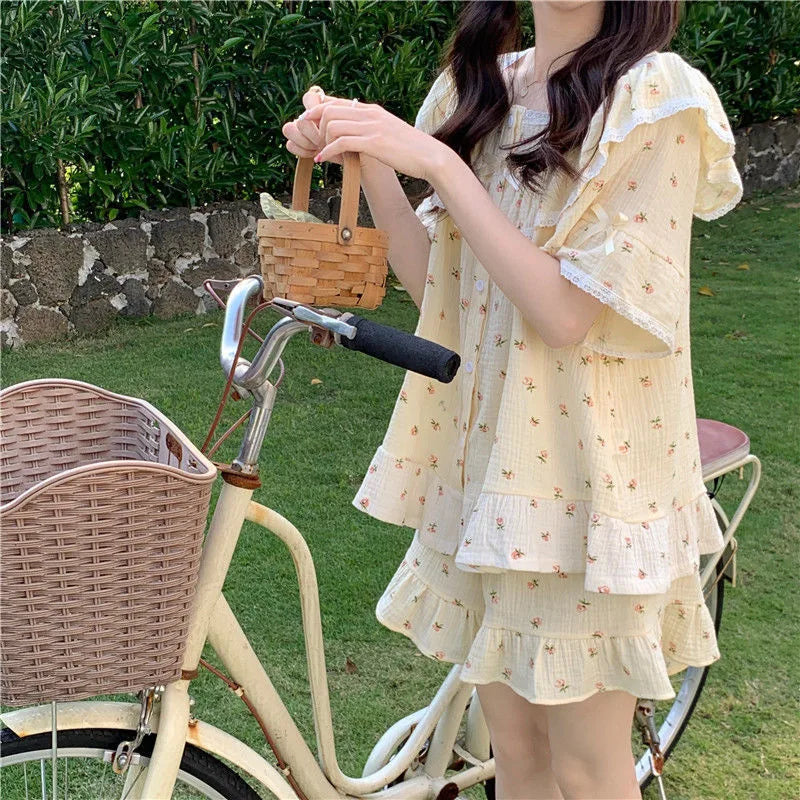 Summer Ladies Pajamas Loungewear Set Princess Style Sweet Lace Small Floral Short Sleeve Shorts Loose Plus Size Loungewear