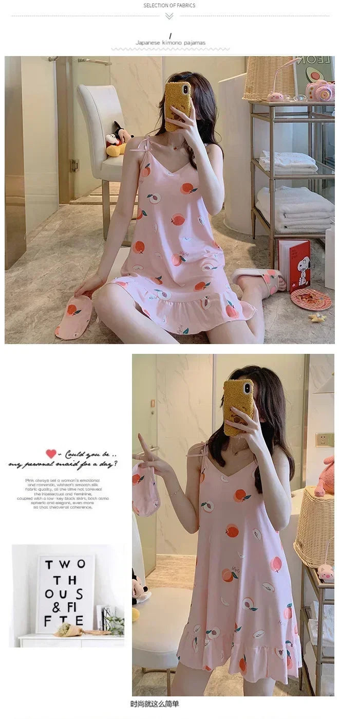 New with Bra Pad, Free Eye Mask, Sling, Loose and Cute Cartoon Animal Pajamas, Nightgown Role-playing Sleepwear Women