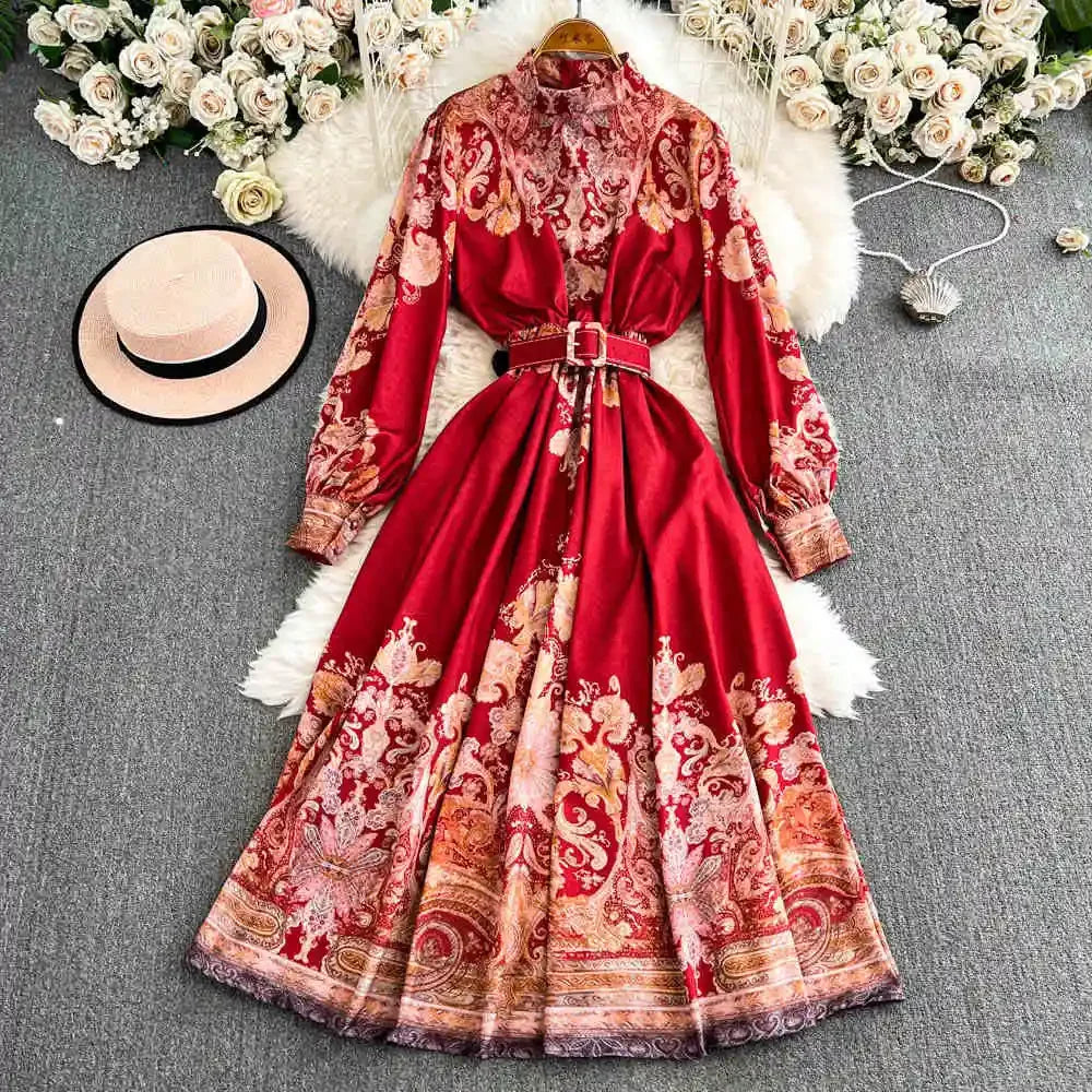 Spring Autumn Retro Palace Style Dress New French Printed Lantern Sleeve Stand Collar A-line Long Dress Femade C110