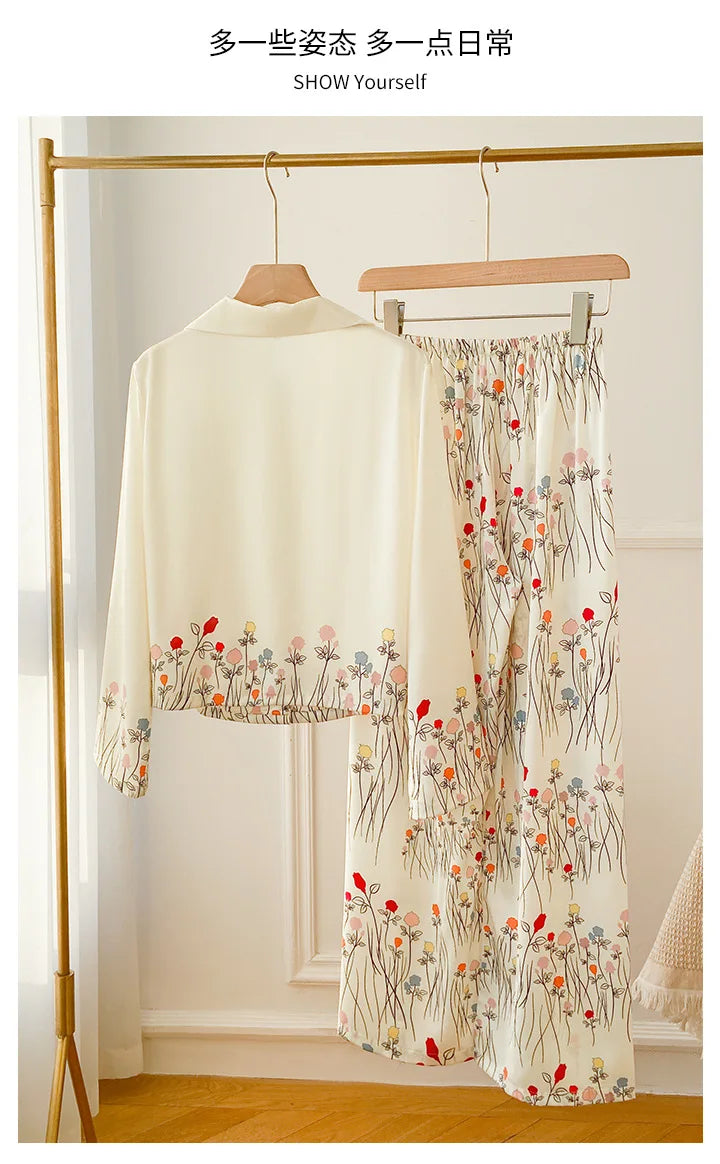 Female 2PCS Pajamas Set Spring Summer Print Flower Sleepwear Long Sleeve Trouser Suits Sweet Loose Satin Home Clothes Loungewear