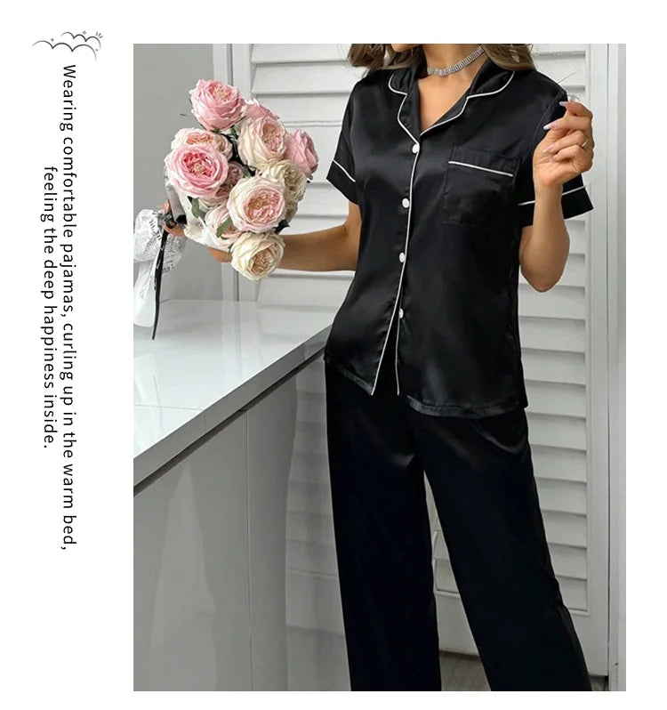 Women Pajamas Sets Spring Short Sleeve Satin Button-Down Top with Pants 2 Piece Pajama Set Sleepwear Pj Set Homewear Loungewear