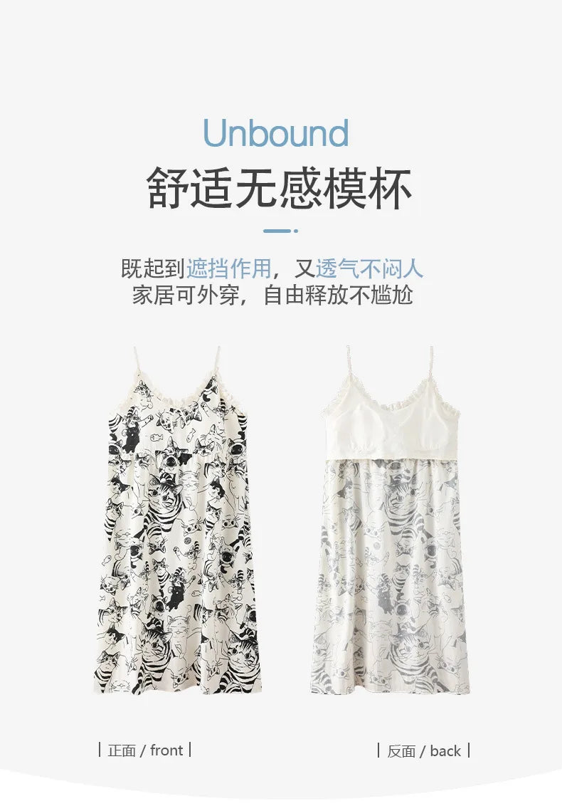 Summer Women Sleeveless Nightdress With Chest Pad Femme Knited Cotton Nightwear Floral Sling Sleepdress
