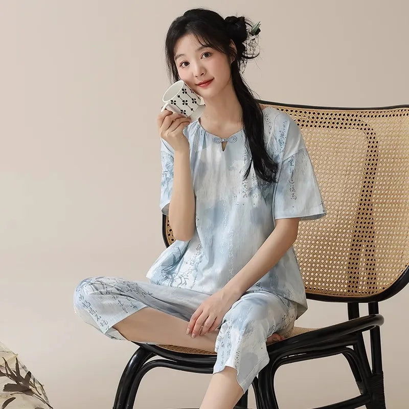 Gentle Floral Print Pajama Set Short Sleeve Top And Capri Pants Suit Vintage Women's Summer Sleepwear Loungewear Home Clothes