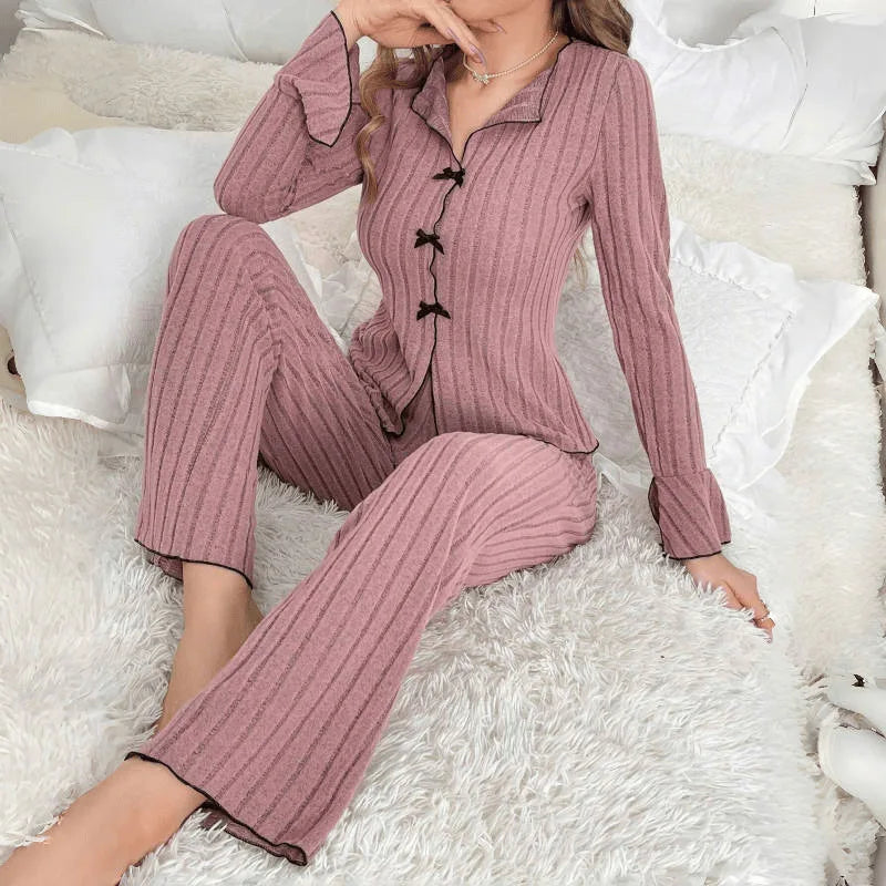 New 2025 Women Spring Casual Pajamas Set Comfortable Sleepwear Sexy Long Sleeve Lapel Solid Rib Homewear Female Loose Loungewear