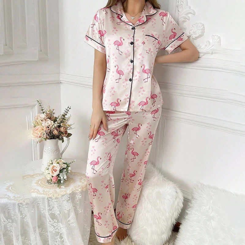 Women Pajamas Sets Spring Short Sleeve Satin Button-Down Top with Pants 2 Piece Pajama Set Sleepwear Pj Set Homewear Loungewear