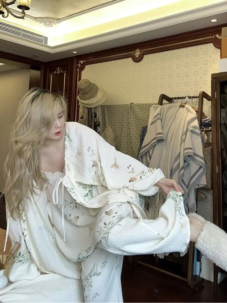Spring Autumn Women Cotton Pajamas Sets Floral Printed 3Pcs Home Clothing Long Sleeves Spaggehtti Straps Long Pants Loungewear