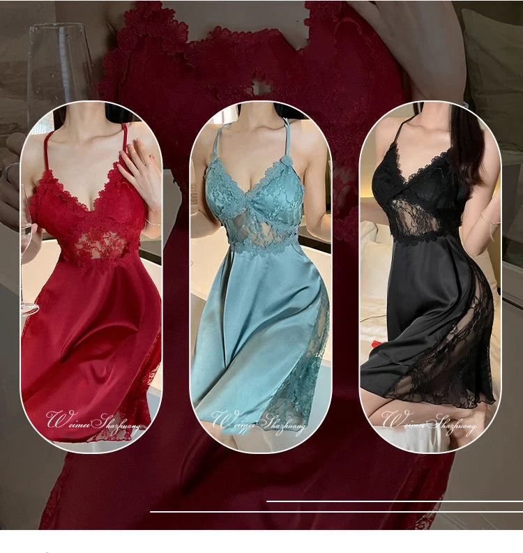 2025 new sexy camisole nightgown women's lace home sleepwear satin deep V backless luxury camisole sleepwear plus size red black
