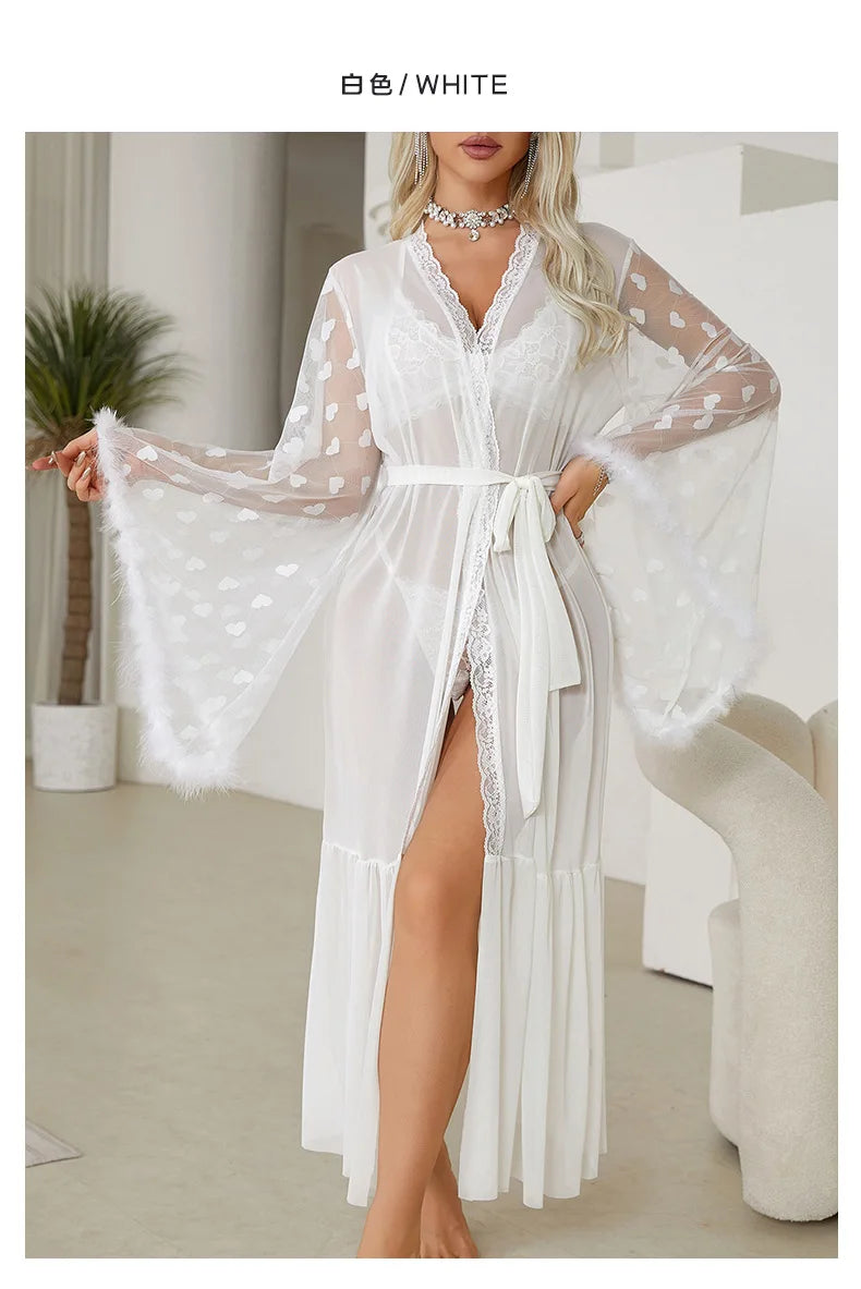 Sexy Bride Wedding Dress Soft Mesh Lace Flower Robe Long Kimono Nightwear Loose Bathrobe Feather Trim Big Sleeve Nightgown