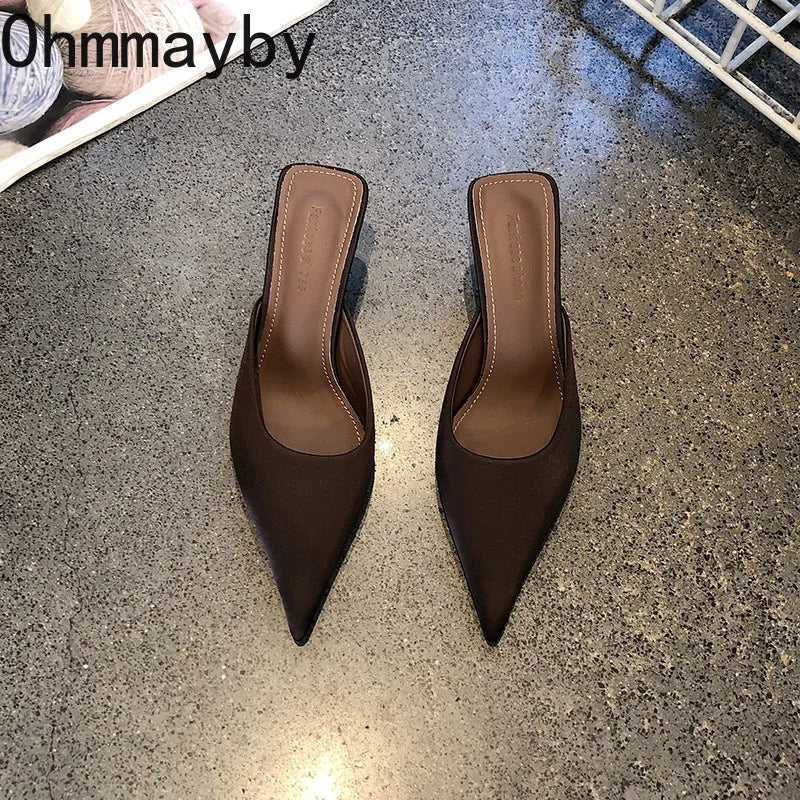 Spring Summer Women Pointed Toe High Heel Slippers Fashion Leopard Print Mules Slide Ladies Evening Party Dress Sandalias