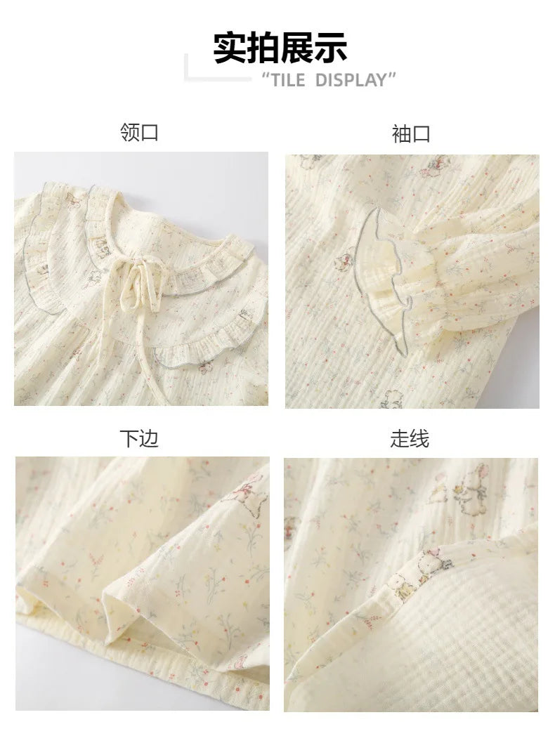 National Style Bamboo Fiber Flower Spring and Summer Women's Long Sleeved Pants Loose Pajamas Set