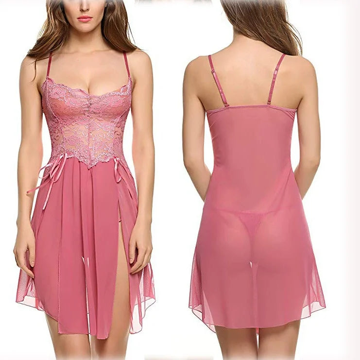 Women's Lace Trim Cami Nightdress - Sexy Side Slit & Mesh Panel, Perfect for Loungewear & Intimate Nights