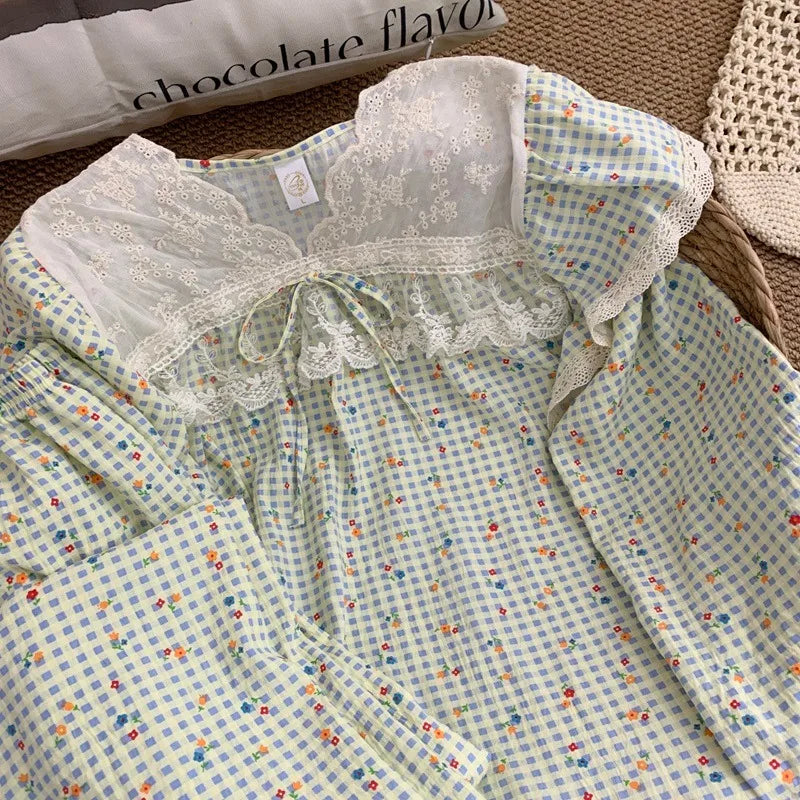 Korean Casual Lace Design Homewear Plus Size 2 Piece Suit Sweet Cute Print V-neck Women's Pajamas Set Autumn Winter New Pajamas