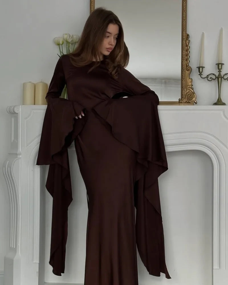 Women Cocktail Party Dress Big Swing Middle Eastern Long Floating Sleeves Slim Empire Lady Banquet Solid Maxi Clothing