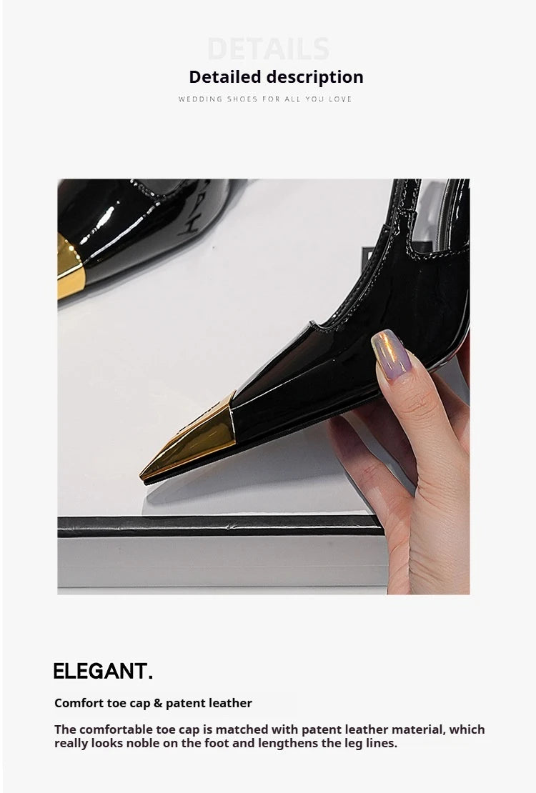 New Summer Women's High-heeled Sandals Gold Iron Head Patent Leather Black Stiletto Square Head Closed Toe Sling Back Shoes