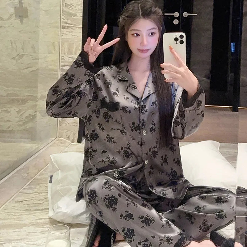 Spring New Women's Long Sleeved Ice Silk Sleepwear Home Suit Set with Floral Lace Loose Sleepwear Home Suit Long Sleeved Set