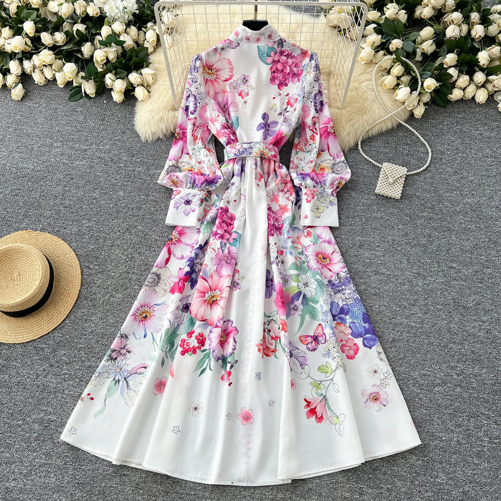 Runway 2025 Spring Summer Floral Print Long Shirt Dress Women's Turtleneck Lantern Sleeve Print Belt Casual Holiday Dress Female