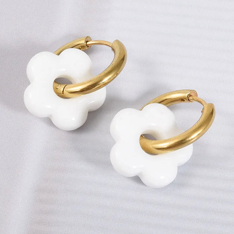 Colorful Flower Glass Drop Charms Earring Gold Color Circle Ear Buckle Hoops Stainless Steel Earrings Fashion Jewelry for Women