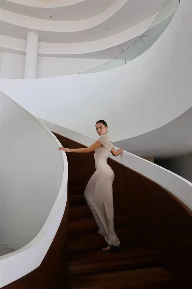 Mozision Turtleneck Short Sleeve Sexy Maxi Dress Women Elegant Draped Ruched Evening Club Party Long Dresses Female Clothes