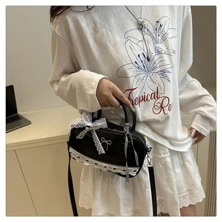Simple Elegant Handbag Boston Shoulder bag Lace Ribbon Bow Decor Crossbody Bag Small Square Bag Casual Women Bags ﻿